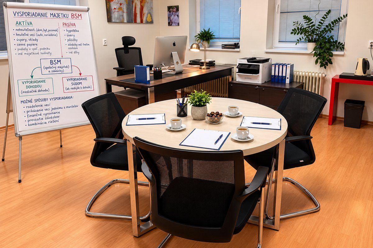 Kancelária CONSENSUS pripravená na mediáciu, s flipchartom o vyporiadaní BSM